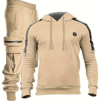 Men's Casual 2pcs Set - High Stretch Sports Hoodie & Multi Pocket Joggers Matching Set For Gym Workout Training - Polyester & Spandex Blend - Suitable for Sports & Casual Wear - Perfect Gift for Fitness Enthusiasts