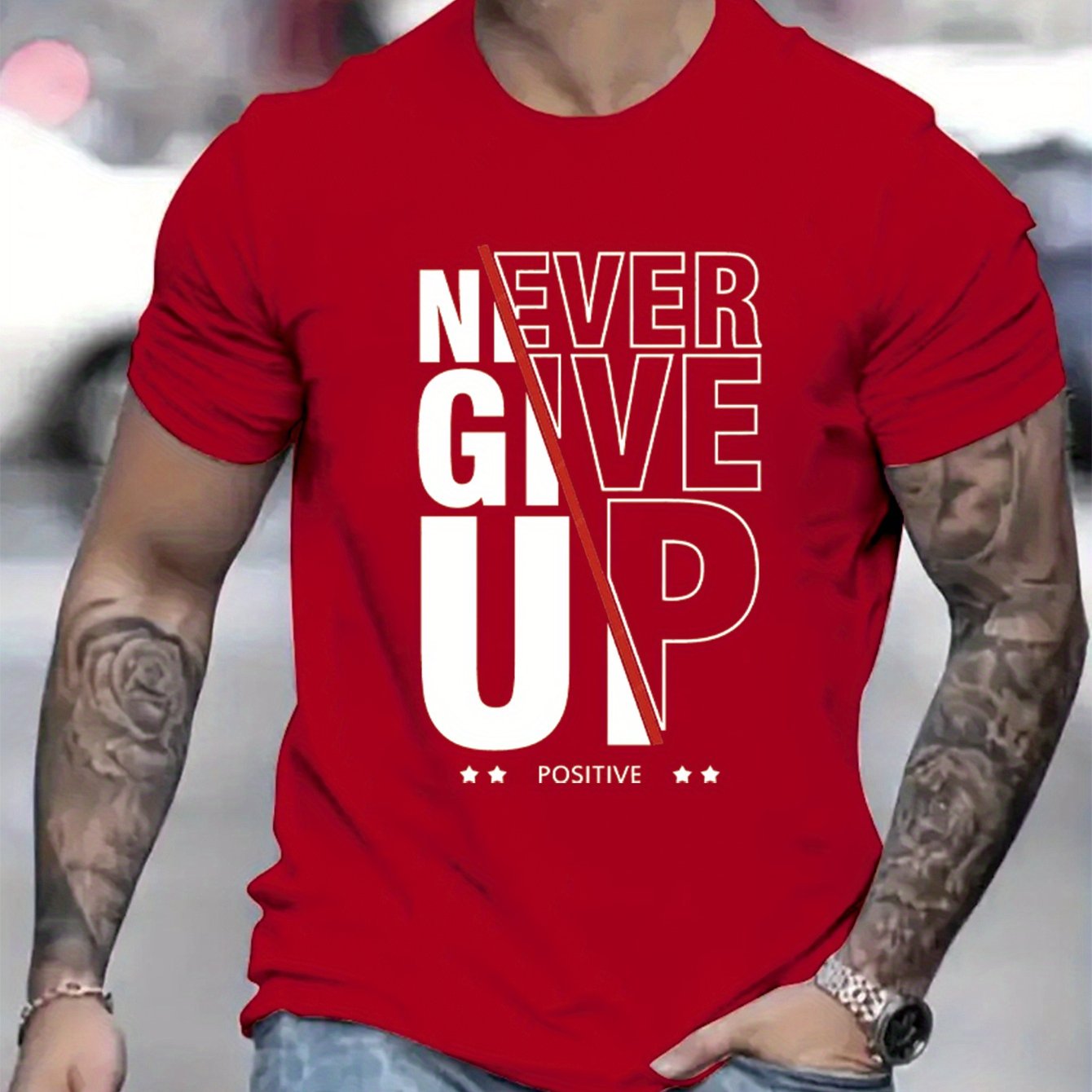 Comfy Casual Never Give Up Print Men's Short Sleeve T-Shirts - Elastic Crew Neck Tops For Outdoor Activities