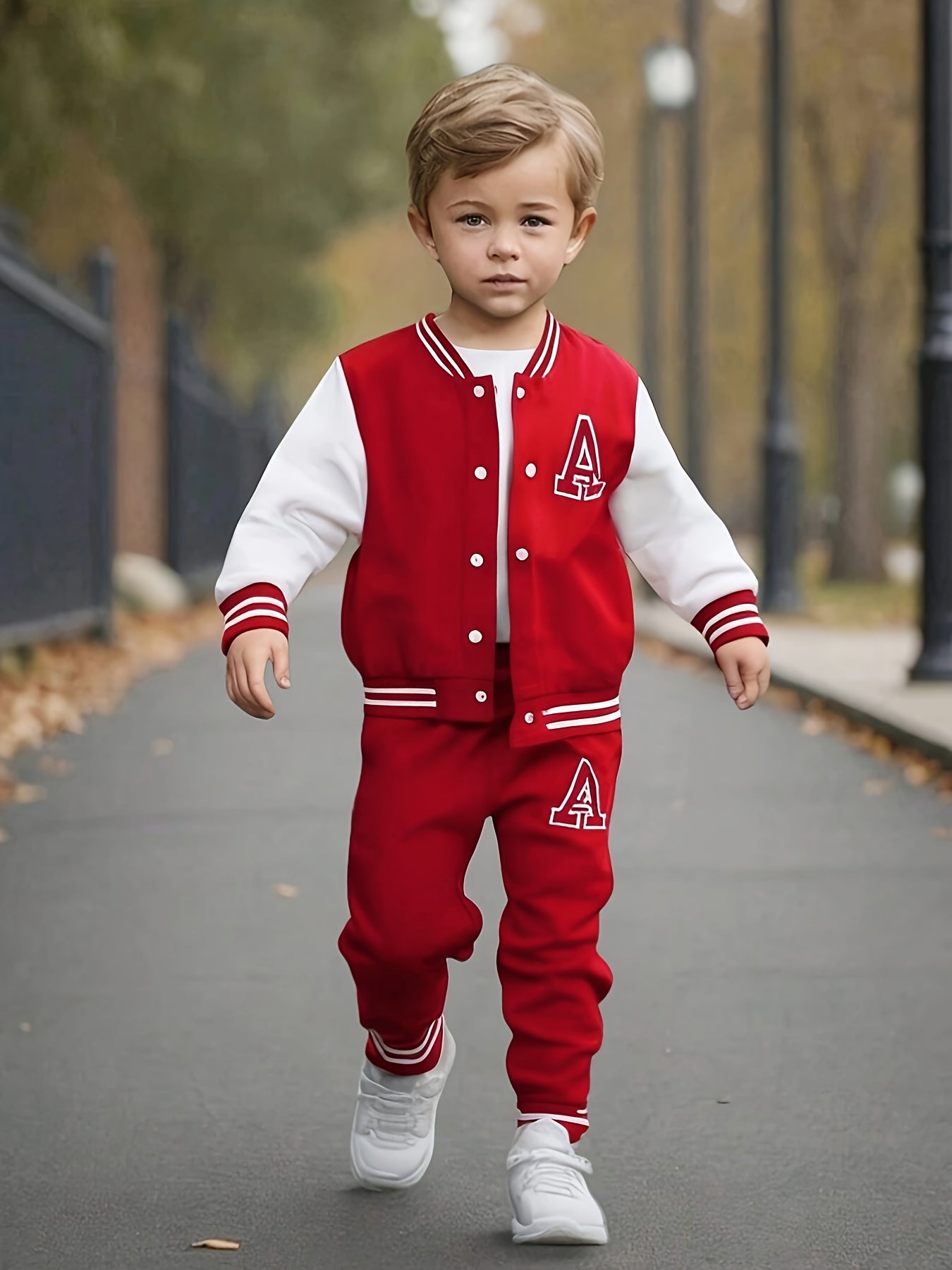 Boys' 2pcs Fall/Winter Casual Polyester Knit Baseball Suit with Long Sleeve Crew Neck Jacket and Matching Pants, Alphabet Print, Regular Fit - Button Detail, for Outdoor