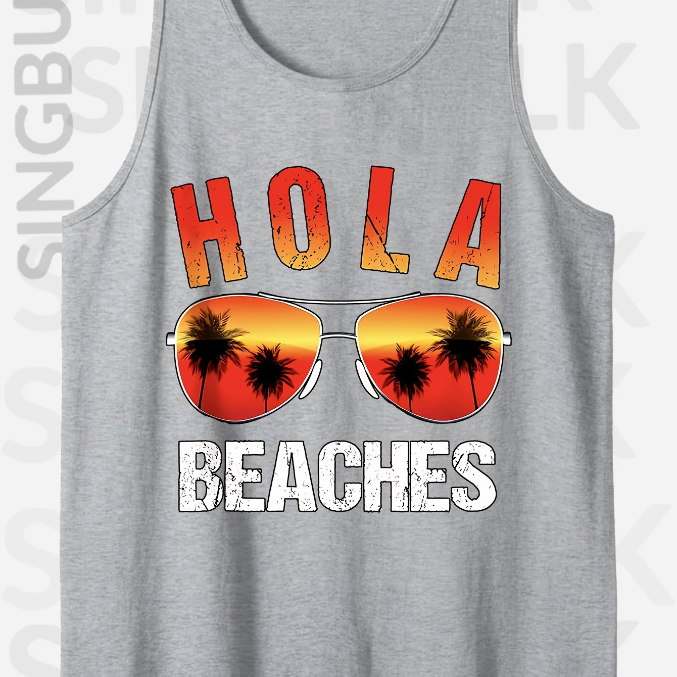 Men's 100% Cotton Sleeveless Tank Top - "HOLA BEACHES" Graphic Print, Casual Round Neck Summer Tee with Palm Tree & Fashion Glasses Design, Loose Fit for Outdoor Leisure, Casual Outings Attire | Playful Print Tee | Loose Fit