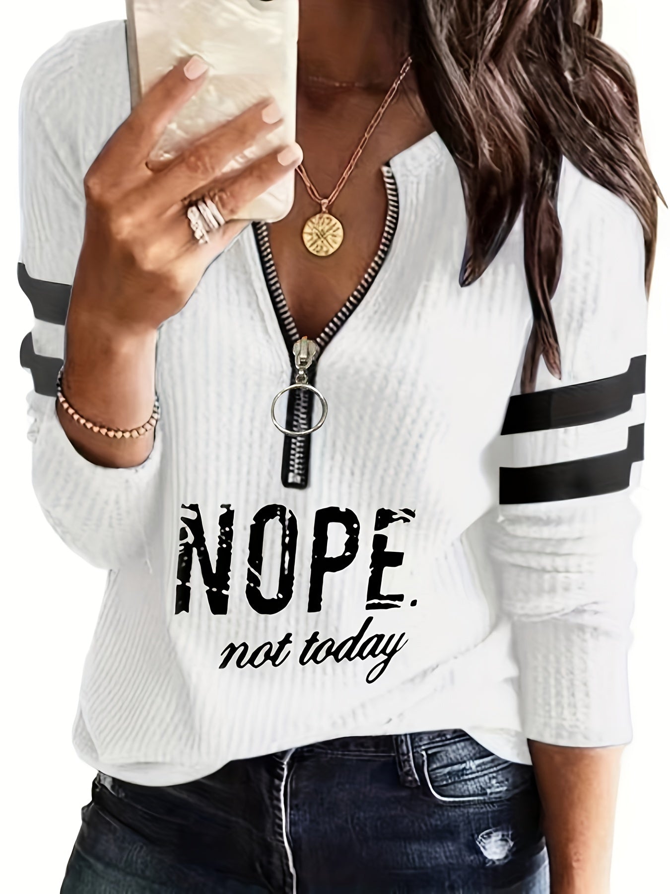 Women's "Nope Not Today" Stripe & Letter Print Zip-Up V-Neck T-Shirt - Casual Long Sleeve Top with Metal Detail, Machine Washable, Polyester Blend, Perfect for Spring & Fall