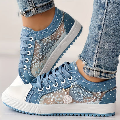 [Floral Mesh Sneakers] Light Blue Women's Floral Mesh Sneakers - Lace-Up Low Tops with Rhinestone Accents, Casual Shoes, Synthetic Cover Sole