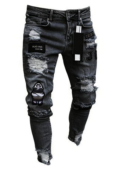 [Skinny Ripped Men Jeans] Men Casual Skinny Ripped Jeans, Stretch Distressed Slim Fit Pants, Destroyed Zipper Holes Embroidery Trousers