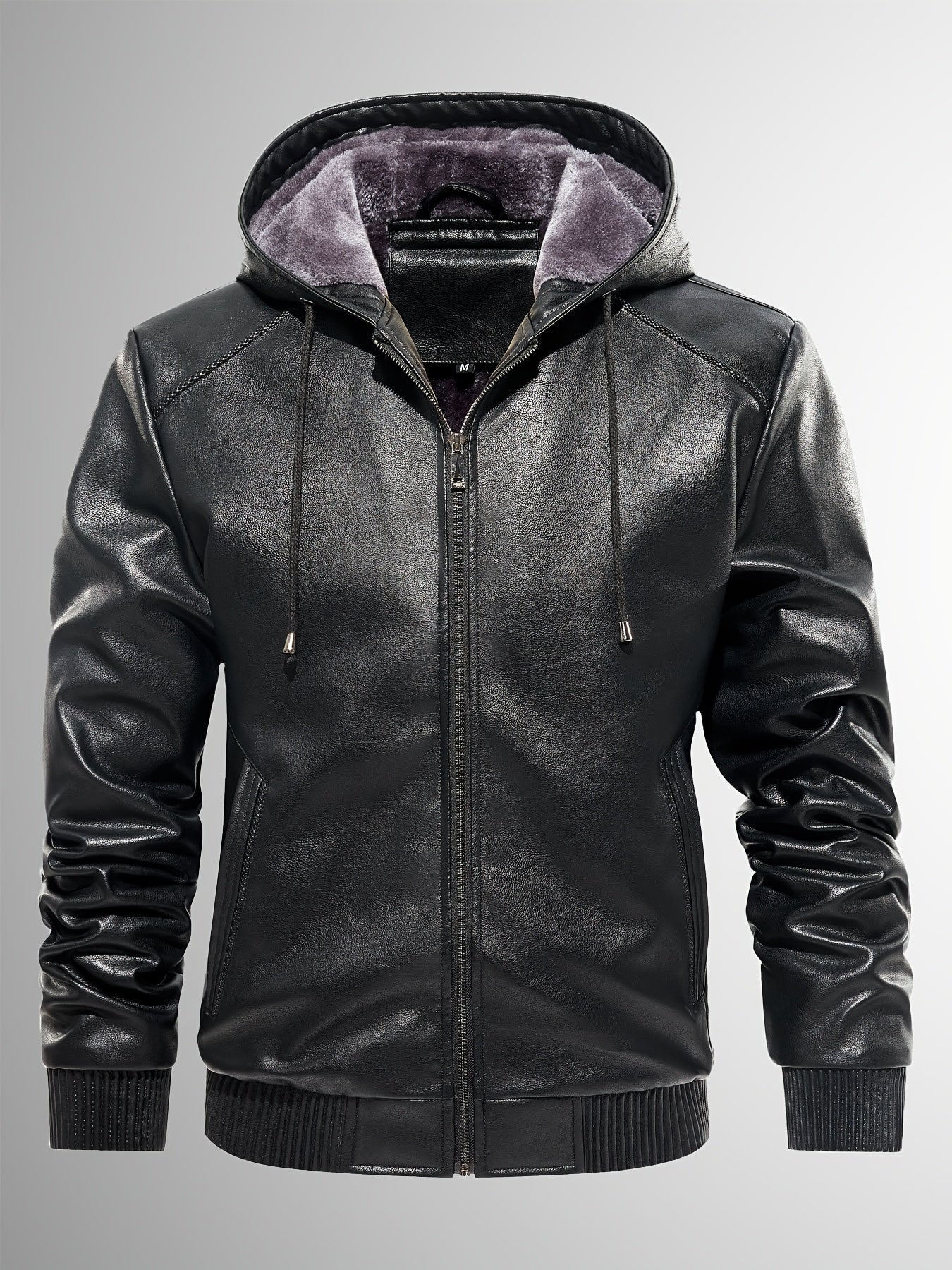 [Warm Winter Hooded Motorcycle Jacket] Men's Sherpa Lined Faux Leather Jacket Warm Winter Hooded Motorcycle Jacket Windproof Leather Biker Jacket with Drawstring