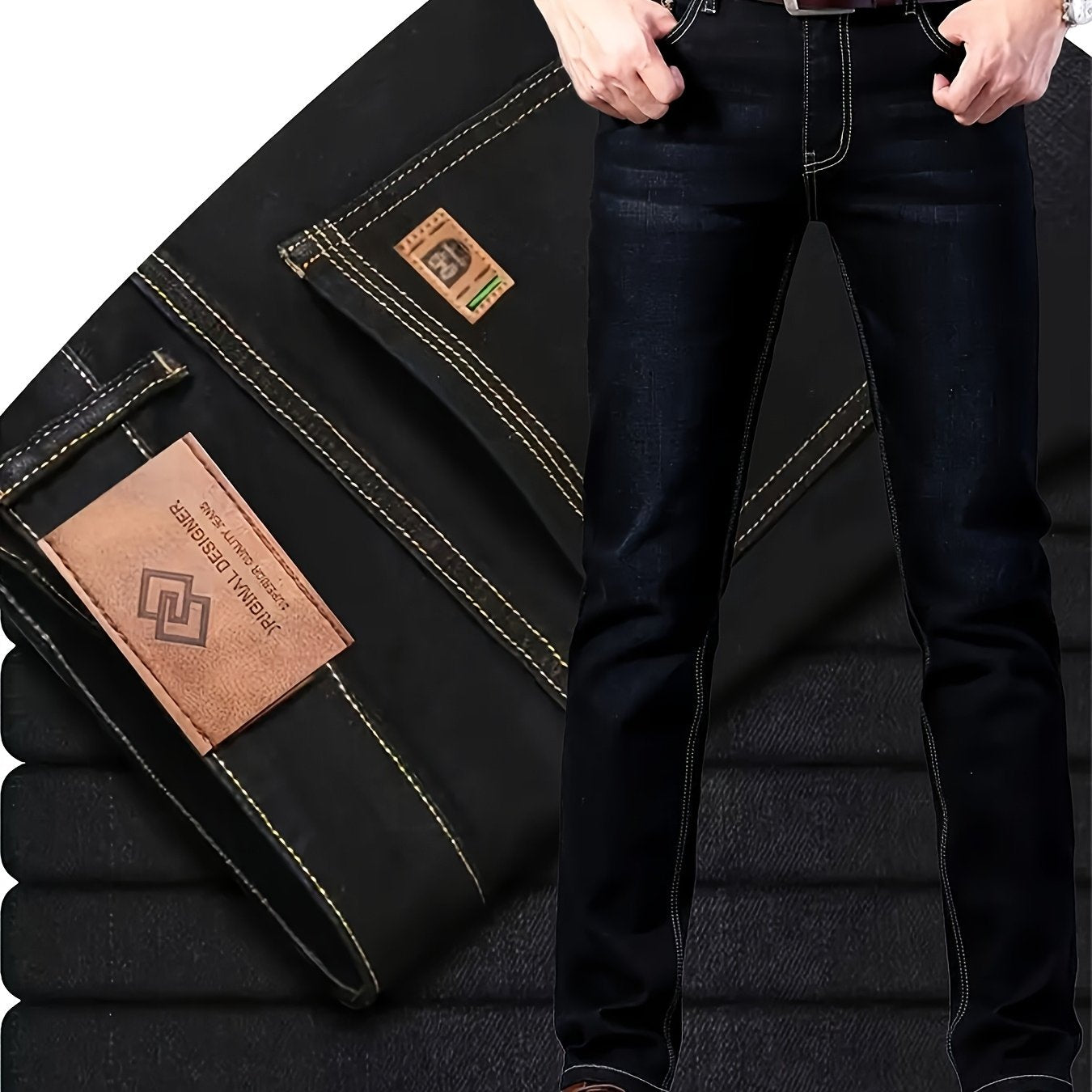 [Machine Washable] Men's Classic Straight-Leg Jeans - Polyester Blend, Machine Washable - Black with Stitching Details for Business Casual