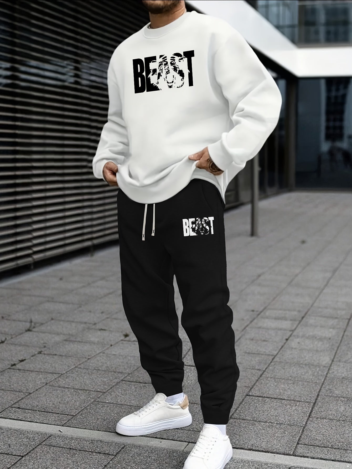 Autumn Beast Animal Pattern Print Men's Sweatshirt Set - Casual Alphabet Print Sweatshirt and Waist Drawstring Trousers