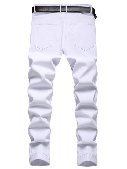 [White Ripped Slim Trend Jeans] Men's white ripped stretch slim casual trend jeans