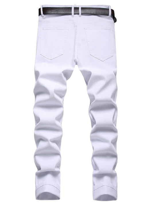 [White Ripped Slim Trend Jeans] Men's white ripped stretch slim casual trend jeans