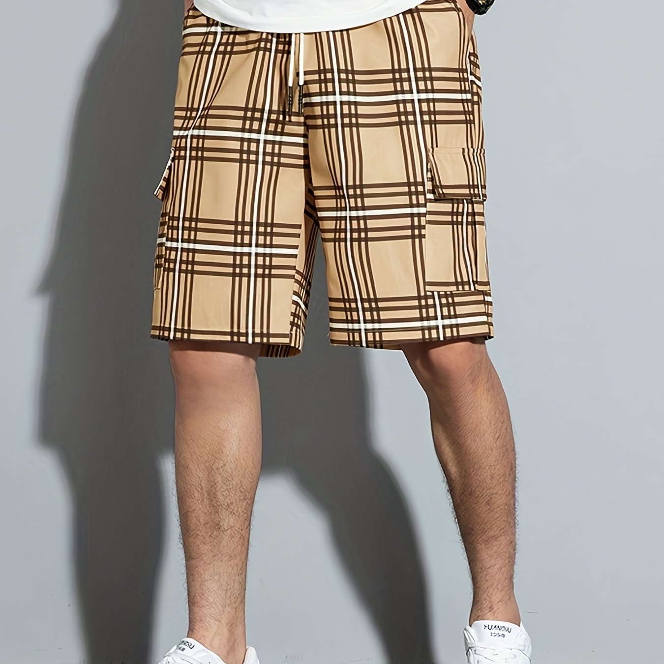 [Plaid Beach Shorts] Men's Plaid Drawstring Beach Shorts - Casual Cargo Shorts with Side Pockets for Summer Outdoor