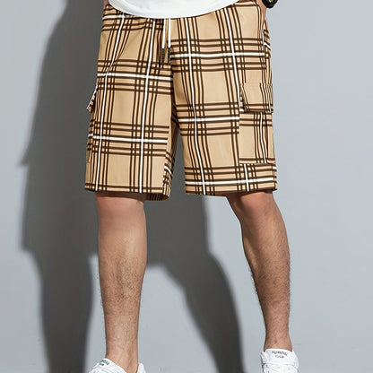 [Plaid Beach Shorts] Men's Plaid Drawstring Beach Shorts - Casual Cargo Shorts with Side Pockets for Summer Outdoor