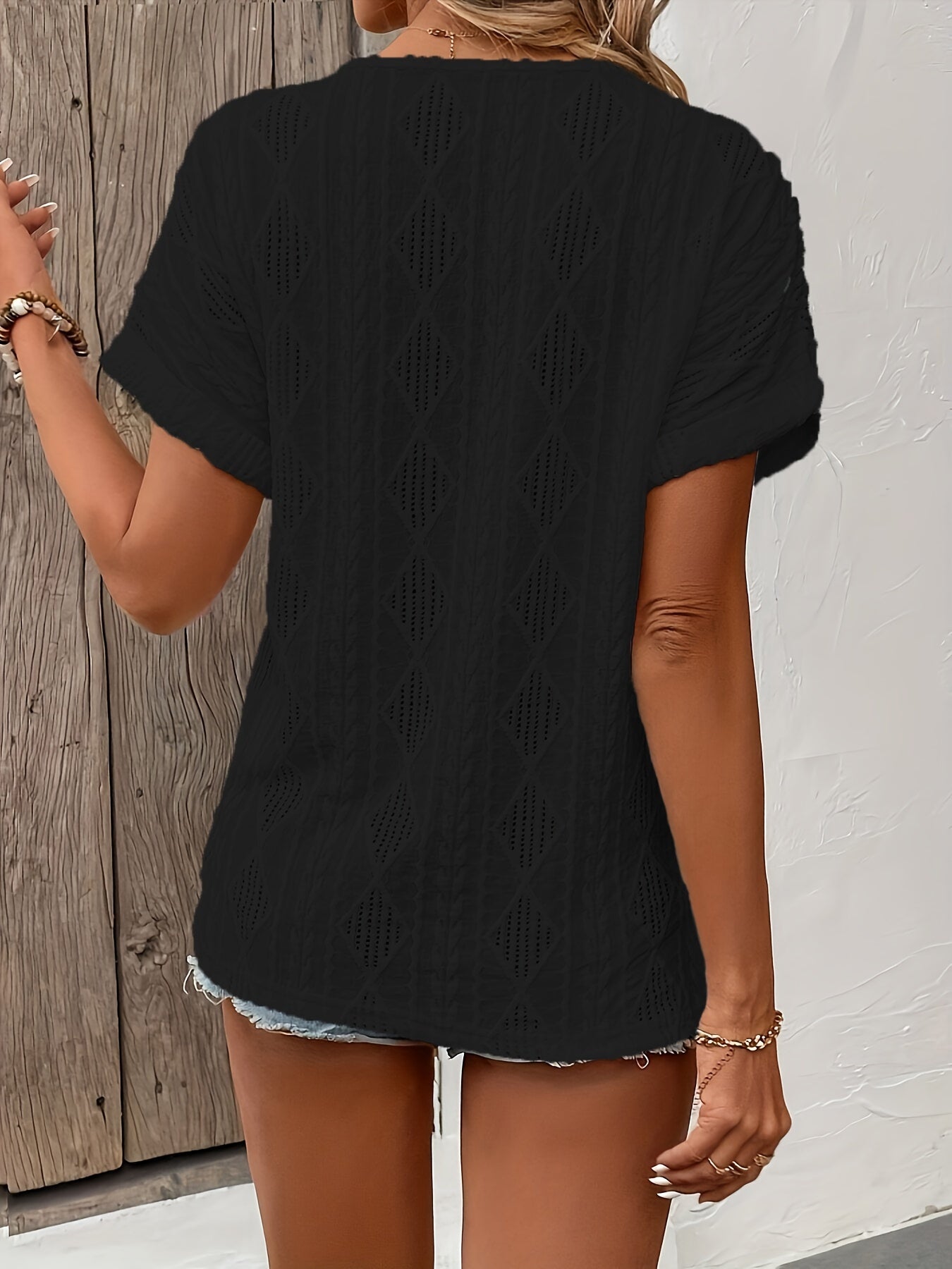 Casual Textured V Neck Short Sleeve - Button Decor T-Shirt For Spring & Summer - Women's Clothing