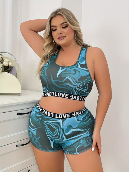 Plus Size Sports Lingerie Set - Stretchy & Comfortable Polyester Bra and Shorts with "LOVE" Waistband, Abstract Blue Marble Print, Racerback Tank Top Style for Activewear, Bra And Panty Set