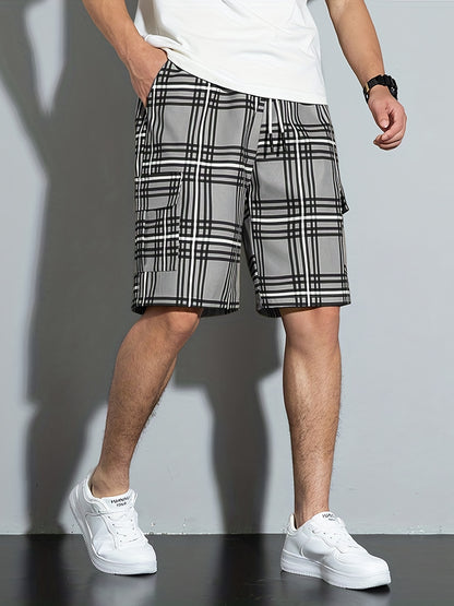 [Plaid Beach Shorts] Men's Plaid Drawstring Beach Shorts - Casual Cargo Shorts with Side Pockets for Summer Outdoor