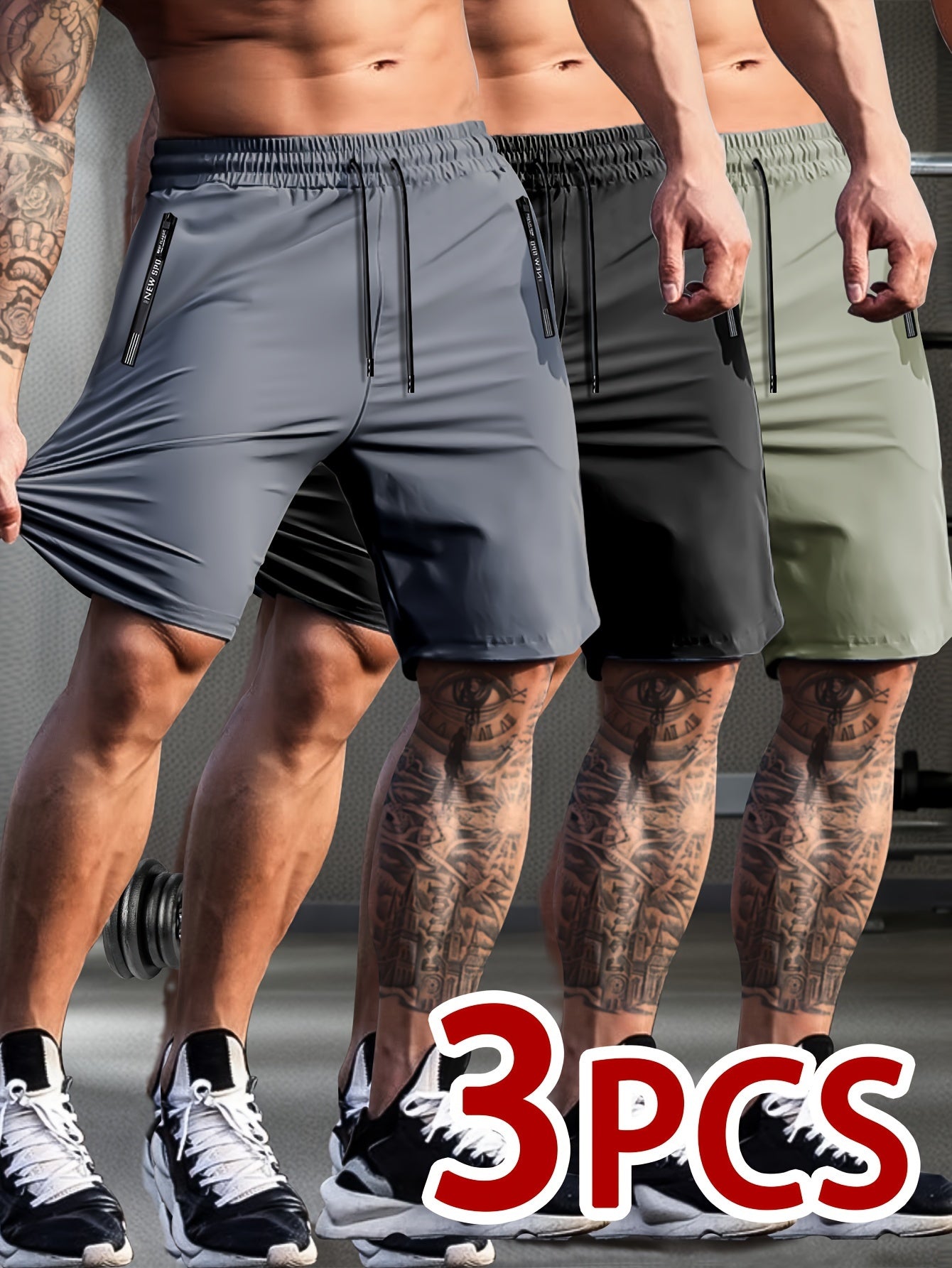 Set of 3 Breathable High-Elastic Drawstring Waist Shorts with Zipper Pockets for Men'S Casual Sports And Jogging.