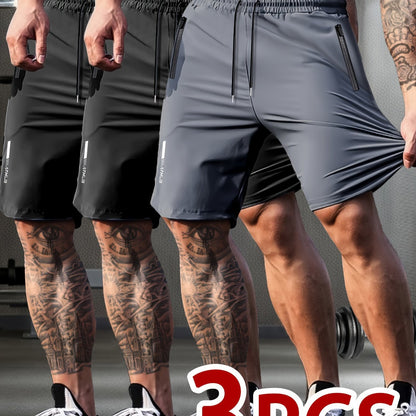 Set of 3 Breathable High-Elastic Drawstring Waist Shorts with Zipper Pockets for Men'S Casual Sports And Jogging.