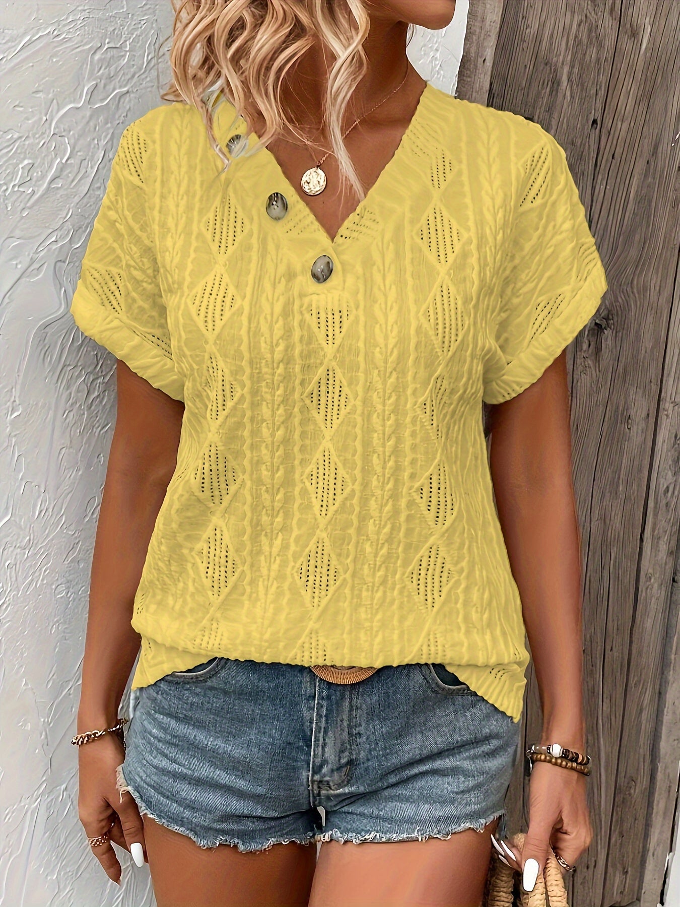 Casual Textured V Neck Short Sleeve - Button Decor T-Shirt For Spring & Summer - Women's Clothing