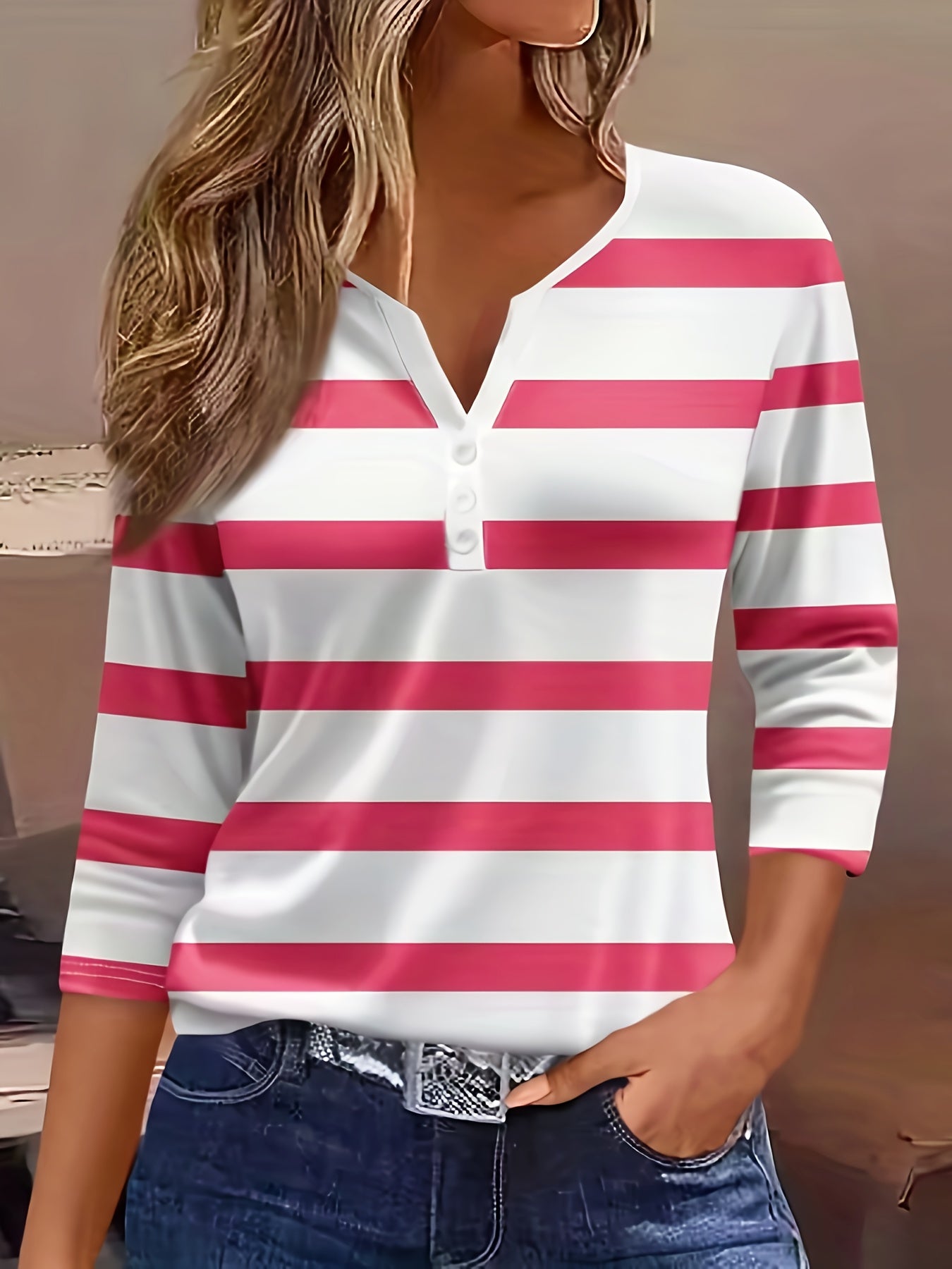 Women'S Casual V-Neck T-Shirt with All Over Striped Print, Three Quarter Sleeve, Knit Polyester Fabric, Regular Length - Spring/Summer/Fall Fashion Top