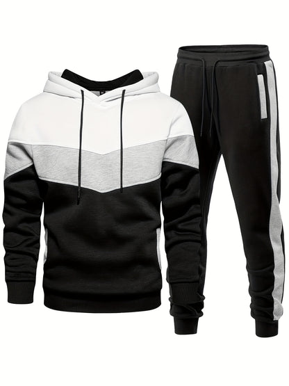 [2-piece Athletic Tracksuit Set] 2-piece Color Block Men's Athletic Tracksuit Set, Casual Long Sleeve Hoodie With Drawstring And Jogging Pants Set For Gym Workout Running