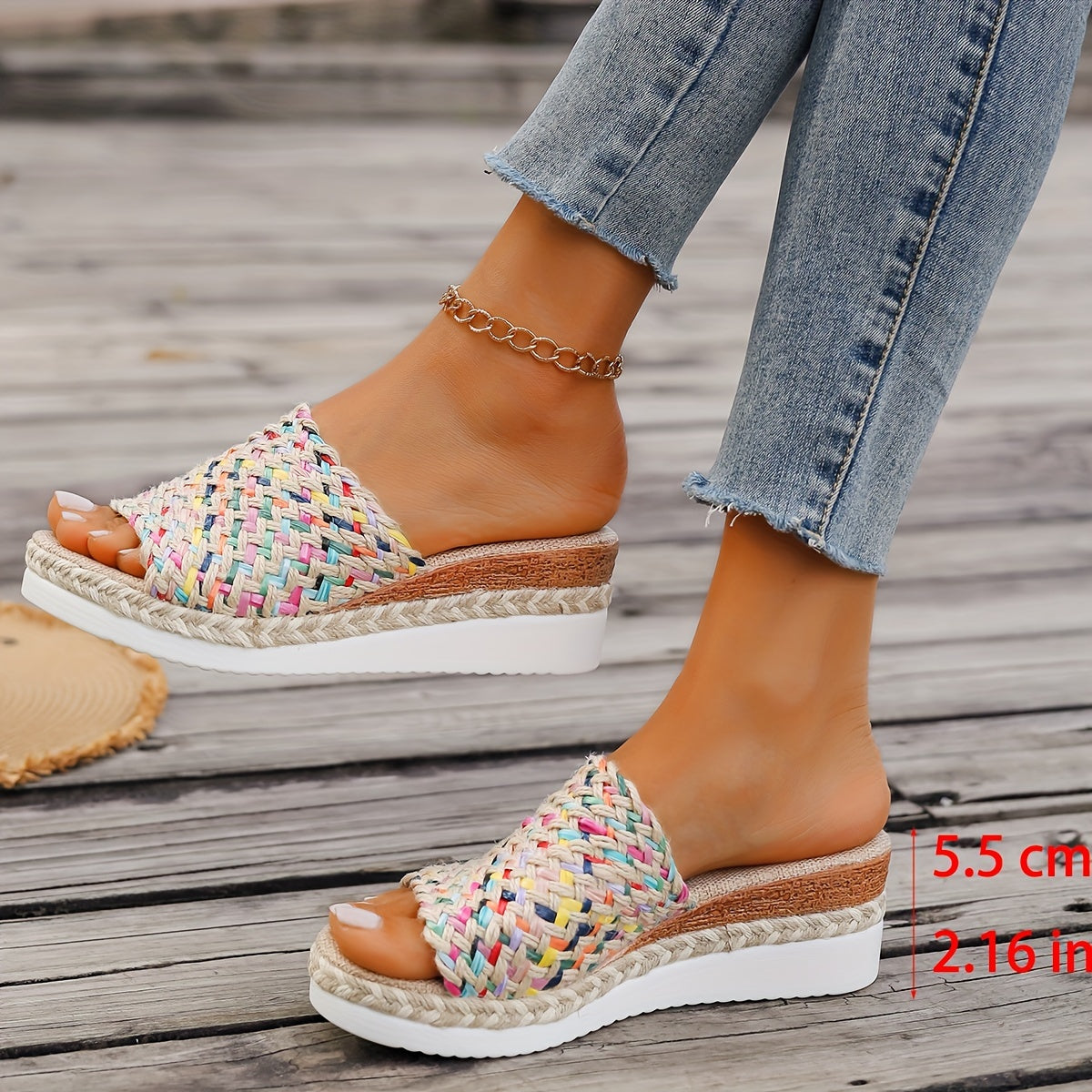 [Colorful Woven Straw Sandals] Women's Colorful Woven Straw Sandals, Platform Slip On Summer Holiday Shoes, Comfort Wedge Beach Shoes