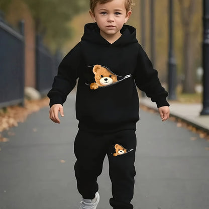 Cartoon Style Bear Graphic Print, Boy's Trendy Co Ord Set, Cozy Pullover Hoodies & Casual Versatile Cuffed Sweatpants, Ideal For Daily And Outdoor Wear, Autumn And Spring Outfit