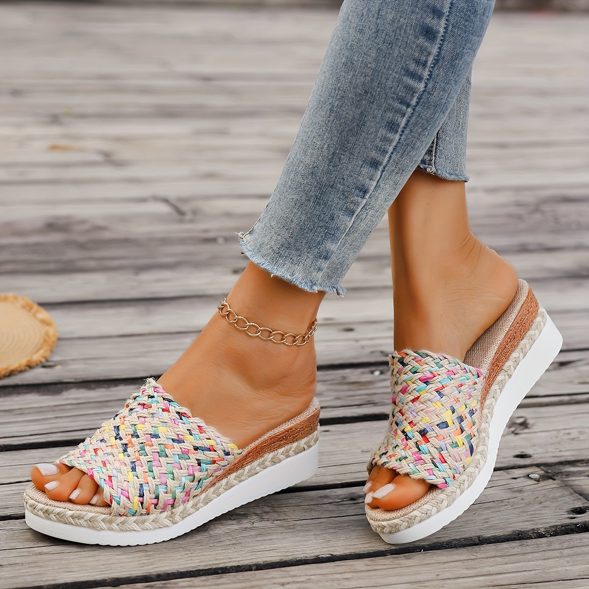 [Colorful Woven Straw Sandals] Women's Colorful Woven Straw Sandals, Platform Slip On Summer Holiday Shoes, Comfort Wedge Beach Shoes