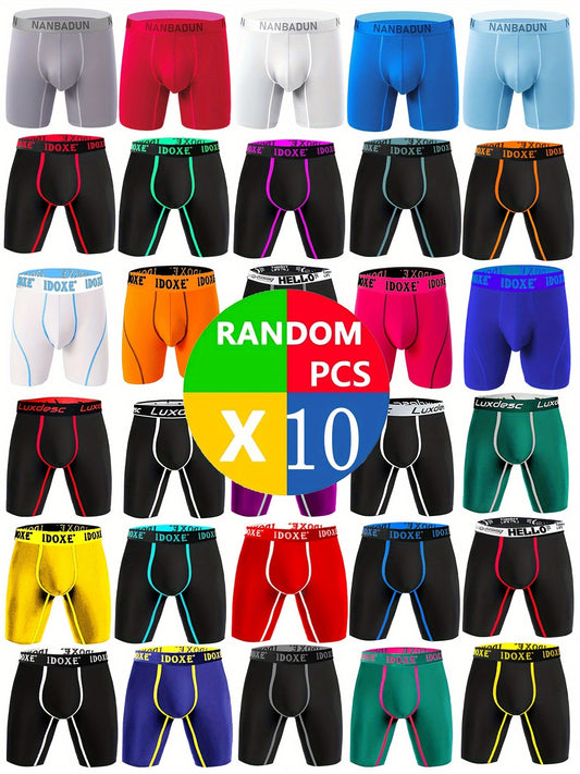 [10 Pcs Trendy Letter Belt Briefs] Random 10 Pcs Men's Trendy Letter Belt & Solid Stretchy Long Boxer Briefs, Comfy & Breathable Underwear, M/L/XL/XXL