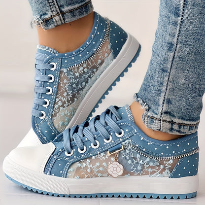 [Floral Mesh Sneakers] Light Blue Women's Floral Mesh Sneakers - Lace-Up Low Tops with Rhinestone Accents, Casual Shoes, Synthetic Cover Sole