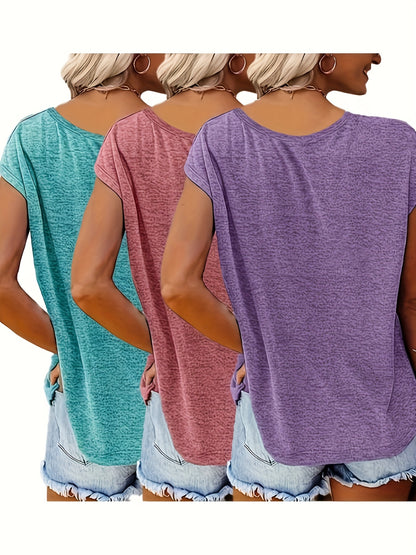 Three Solid Color V-Neck T-Shirts, Casual Short-Sleeve T-Shirts for Spring And Summer, Women'S Clothing.