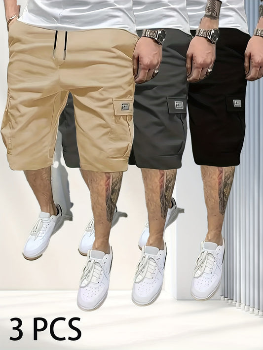 Summer 3-Pack Men's Casual Cargo Shorts - 100% Polyester, Solid Color, Regular Fit with Pockets - 390g/m² Non-Stretch Fabric, Loose Straight Leg Sports Trousers