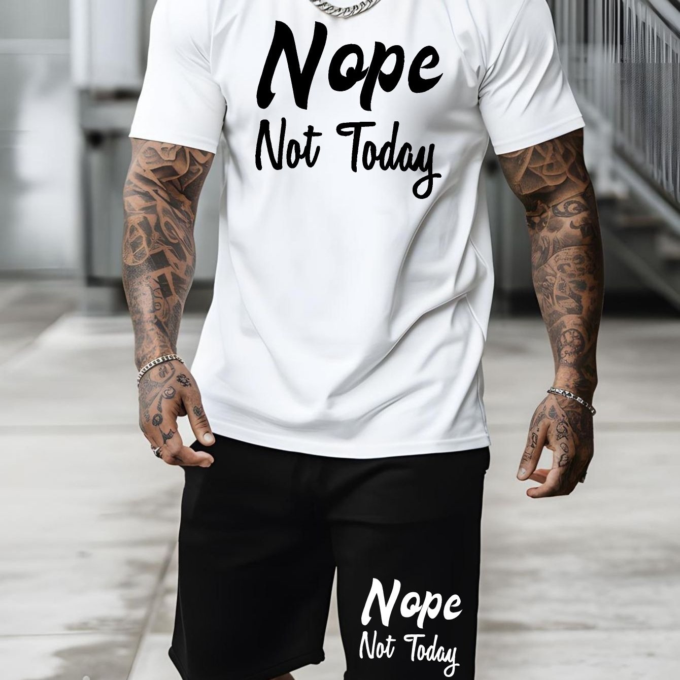 Nope Not Today, Men's 2-piece Casual Sports Suit, Short Sleeved T-shirt & Shorts Set, Breathable Versatile Stylish Suit, Spring Summer Fashion