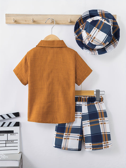 Boys solid color shirt plaid shorts hat three-piece suit casual versatile solid color top shorts suit summer new comfortable handsome casual suit 1-8 years old