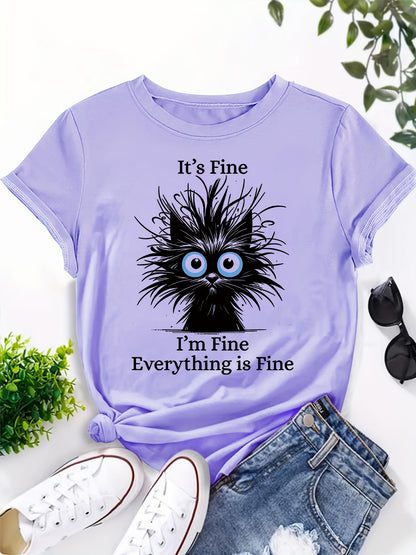 [Light Blue Cat Graphic Tee] Whimsical 'It's Fine, I'm Fine, Everything is Fine' Cat Graphic Tee for Women - Light Blue, Casual Fit with Round Neck, Short Sleeves, Polyester, Machine Washable