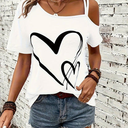 Casual Cold Shoulder Heart Print - Short Sleeve Backless Asymmetrical Top, Women's Clothing T-shirt