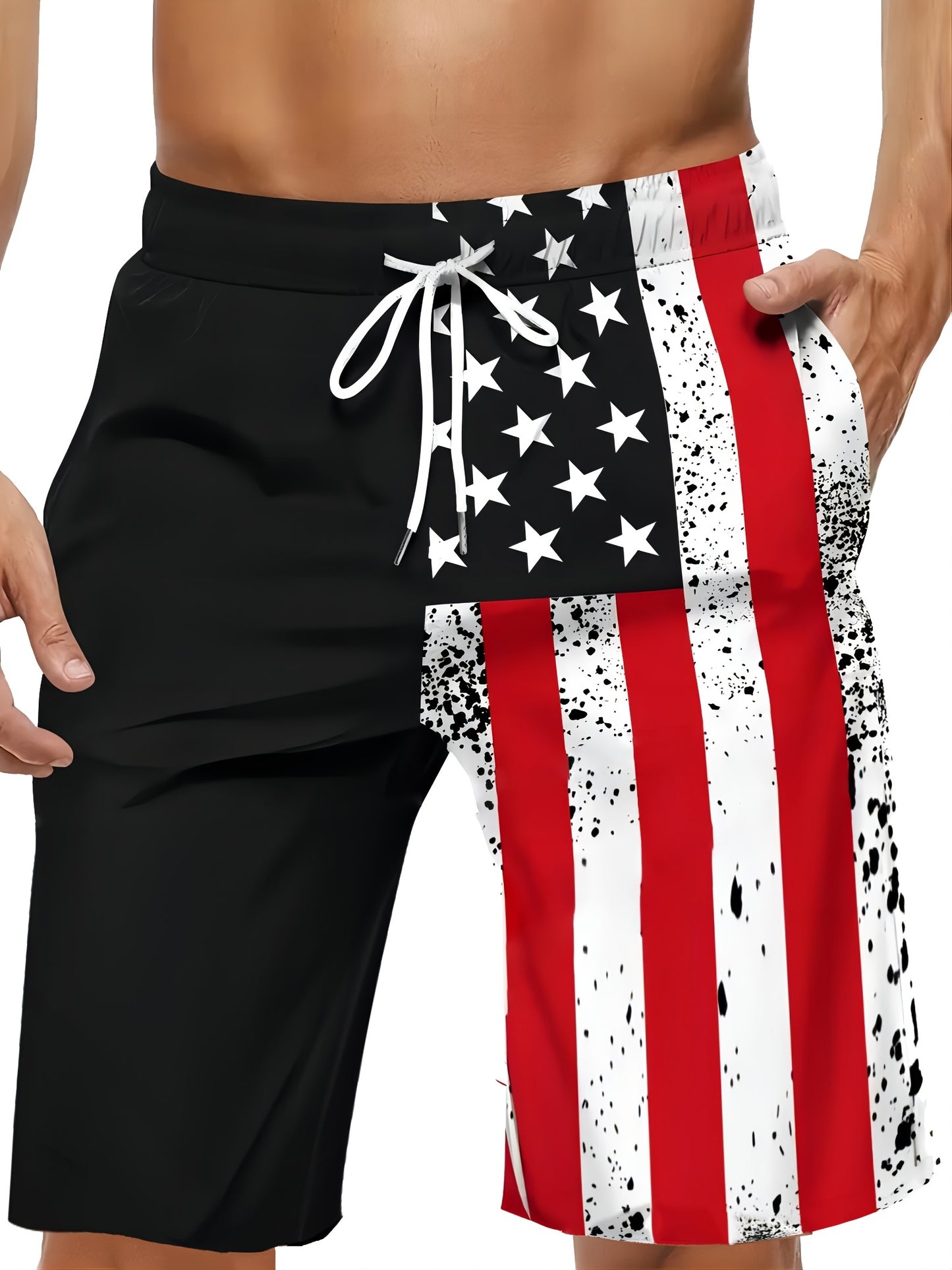 Chic Contrast Color American Flag Pattern Print Shorts - Men's Drawstring Pockets Summer Outdoors Sports Wear