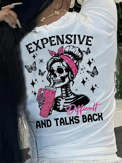 Women's "Expensive and Difficult" Skull Print T-Shirt - Casual White Crew Neck Short Sleeve Top with Pink Hair & Butterfly Design, Breathable Polyester, Perfect for Spring/Summer