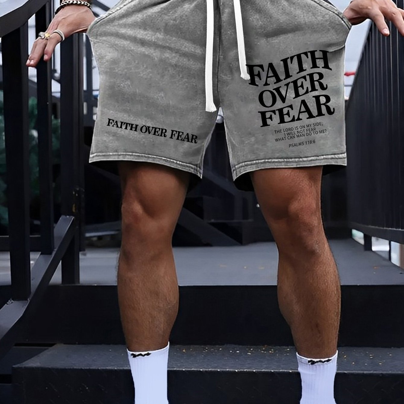 [Heavy Craftsmanship Casual Shorts] FAITH OVER FEAR FAITHOVERFEAR WHA CA MOT 5546 ME? THE LORD IS ON MY SIDE; PSALMS 113:6100% cotton washed distressed cotton casual men'S shorts, heavy craftsmanship 300g