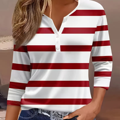 Women'S Casual V-Neck T-Shirt with All Over Striped Print, Three Quarter Sleeve, Knit Polyester Fabric, Regular Length - Spring/Summer/Fall Fashion Top