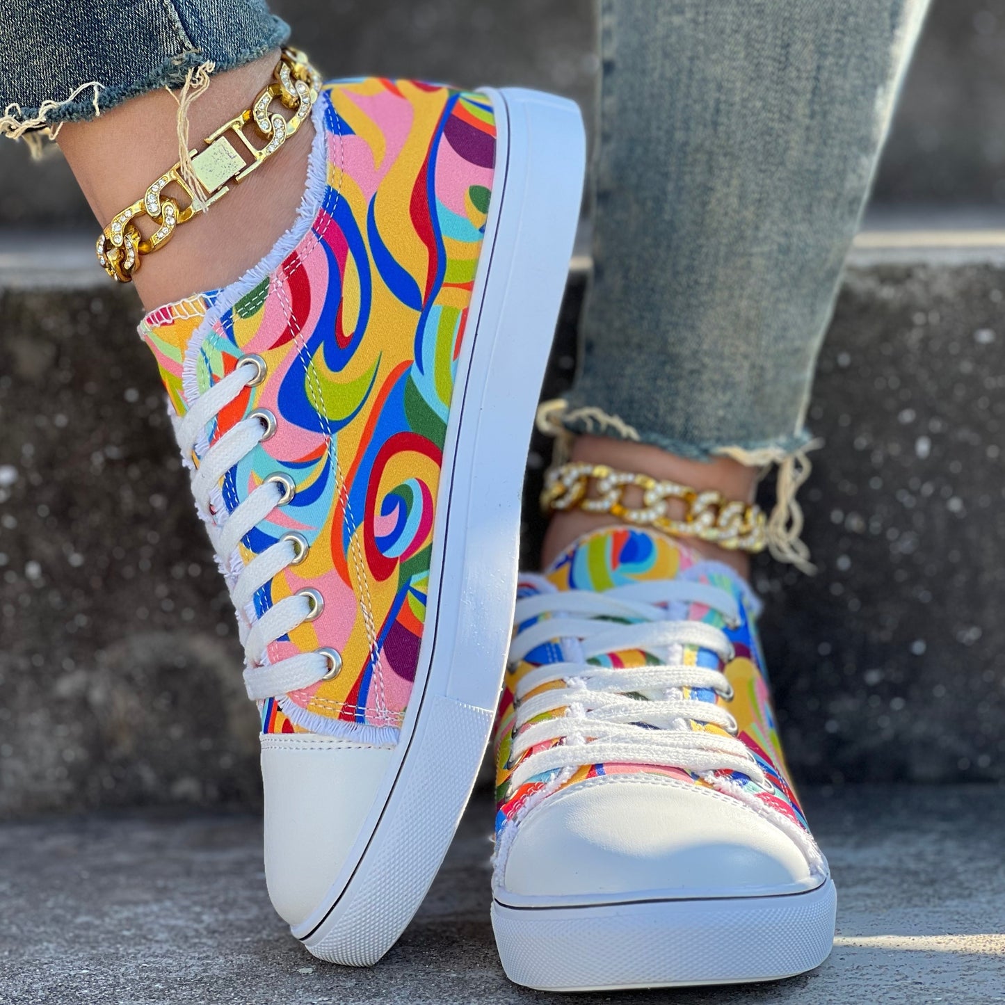 Colorful Color-Matching Print Casual Shoes with Laces