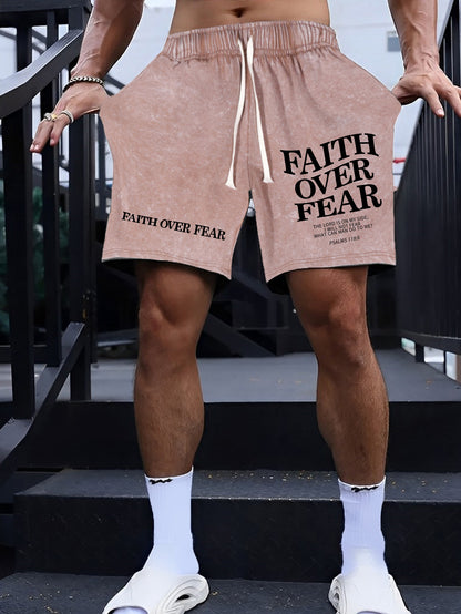 [Heavy Craftsmanship Casual Shorts] FAITH OVER FEAR FAITHOVERFEAR WHA CA MOT 5546 ME? THE LORD IS ON MY SIDE; PSALMS 113:6100% cotton washed distressed cotton casual men'S shorts, heavy craftsmanship 300g