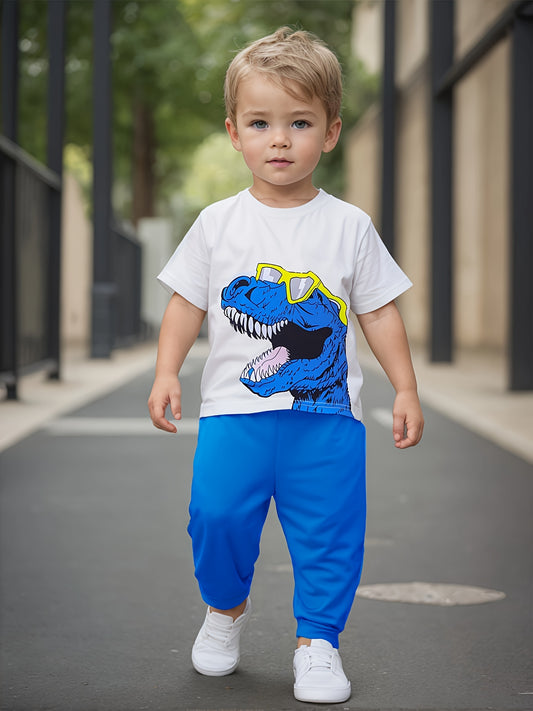 European and American baby boy spring and summer popular glasses dinosaur print T-shirt+pants two-piece set [targeted development]