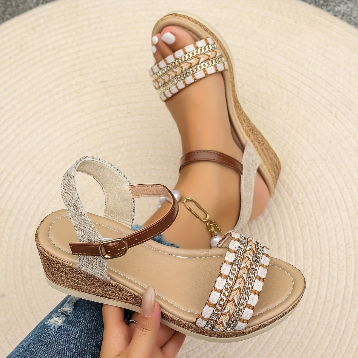 [Summer Rhinestone Wedge Sandals] Women's Casual Wedge Sandals - Open Toe, Ankle Strap, Summer Fashion with Rhinestone Accents, for Spring