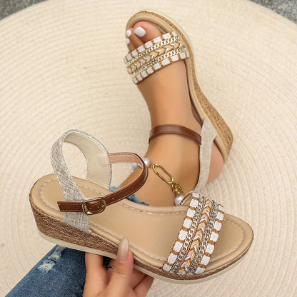 [Summer Rhinestone Wedge Sandals] Women's Casual Wedge Sandals - Open Toe, Ankle Strap, Summer Fashion with Rhinestone Accents, for Spring