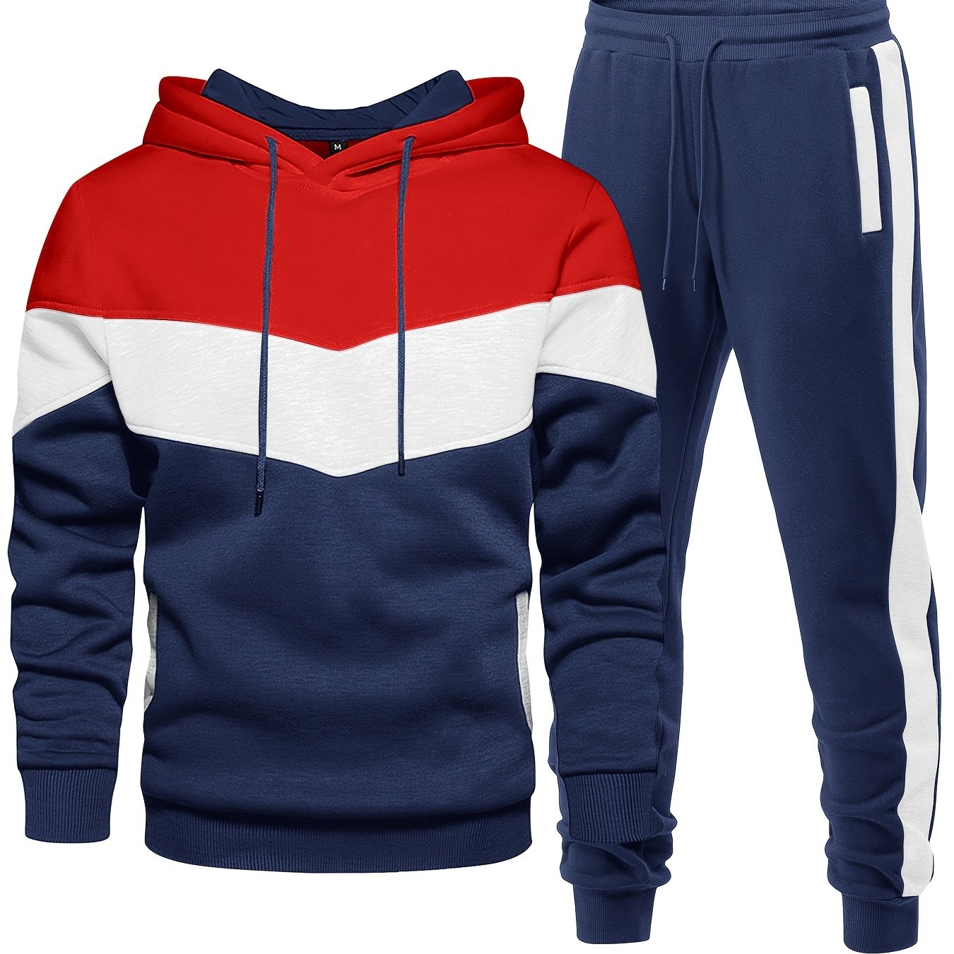 [2-piece Athletic Tracksuit Set] 2-piece Color Block Men's Athletic Tracksuit Set, Casual Long Sleeve Hoodie With Drawstring And Jogging Pants Set For Gym Workout Running