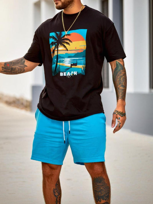 Men's Tropical Beach Print Cotton T-Shirt - Short Sleeve, Regular Fit, Casual & Sporty Design for Casual Attire, Spring & Summer Collection