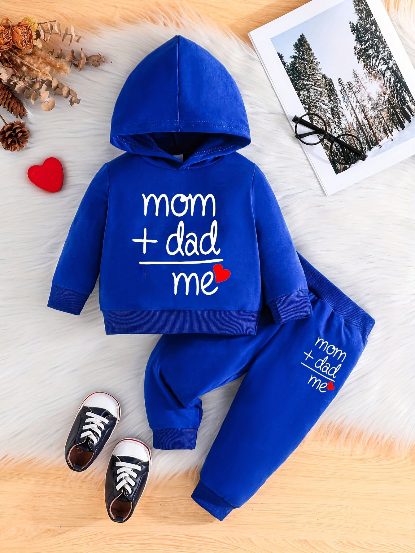 Two-piece Youngsters Boys Fashion Casual Spring and Autumn New Valentine's Day Father's Day Mother's Day Love Love Dad Mom Letter Pattern Long Sleeve Hoodie and Pants Combination Set, Perfect for Outdoor